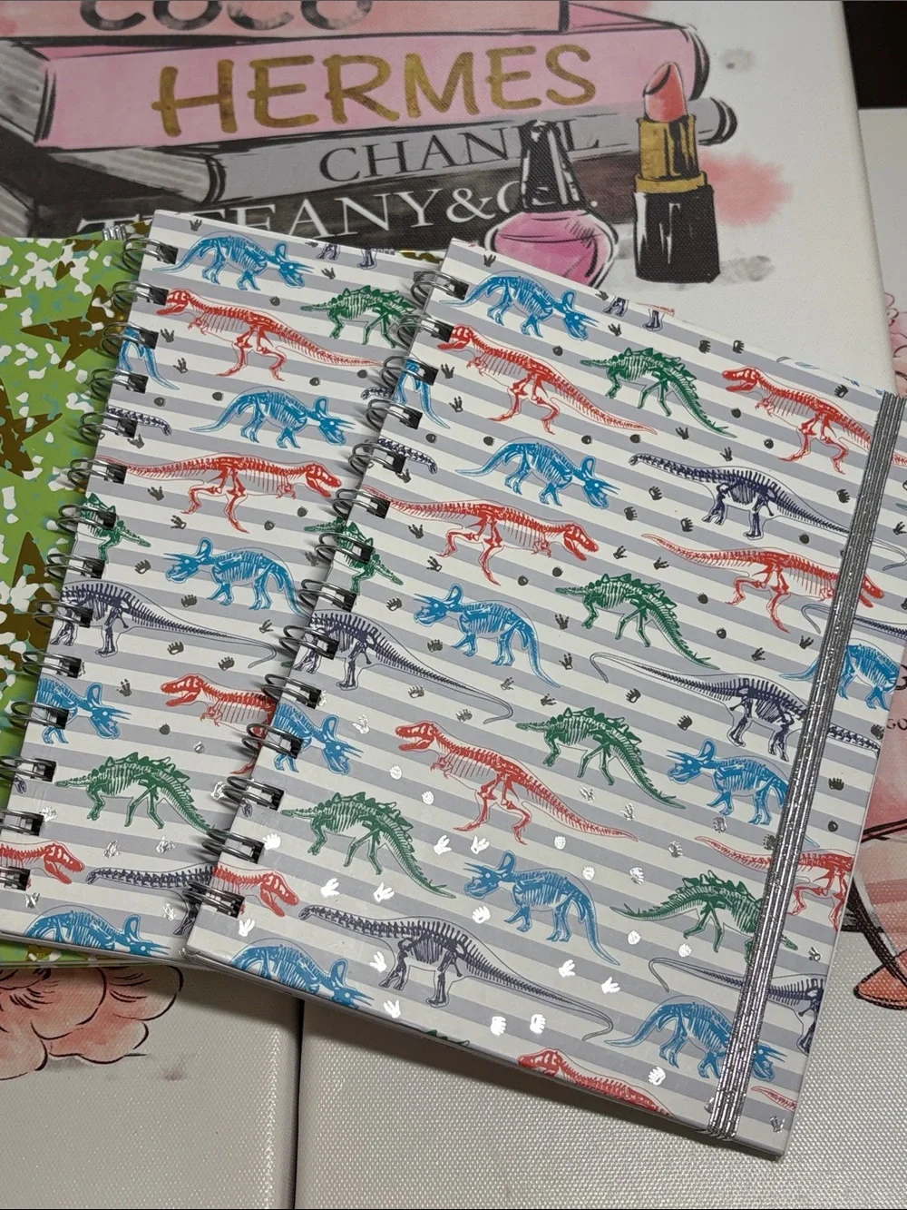4 Spiral Hardcover Notebook Carnets - Assorted Green & Multicolor Dinosaur Cover